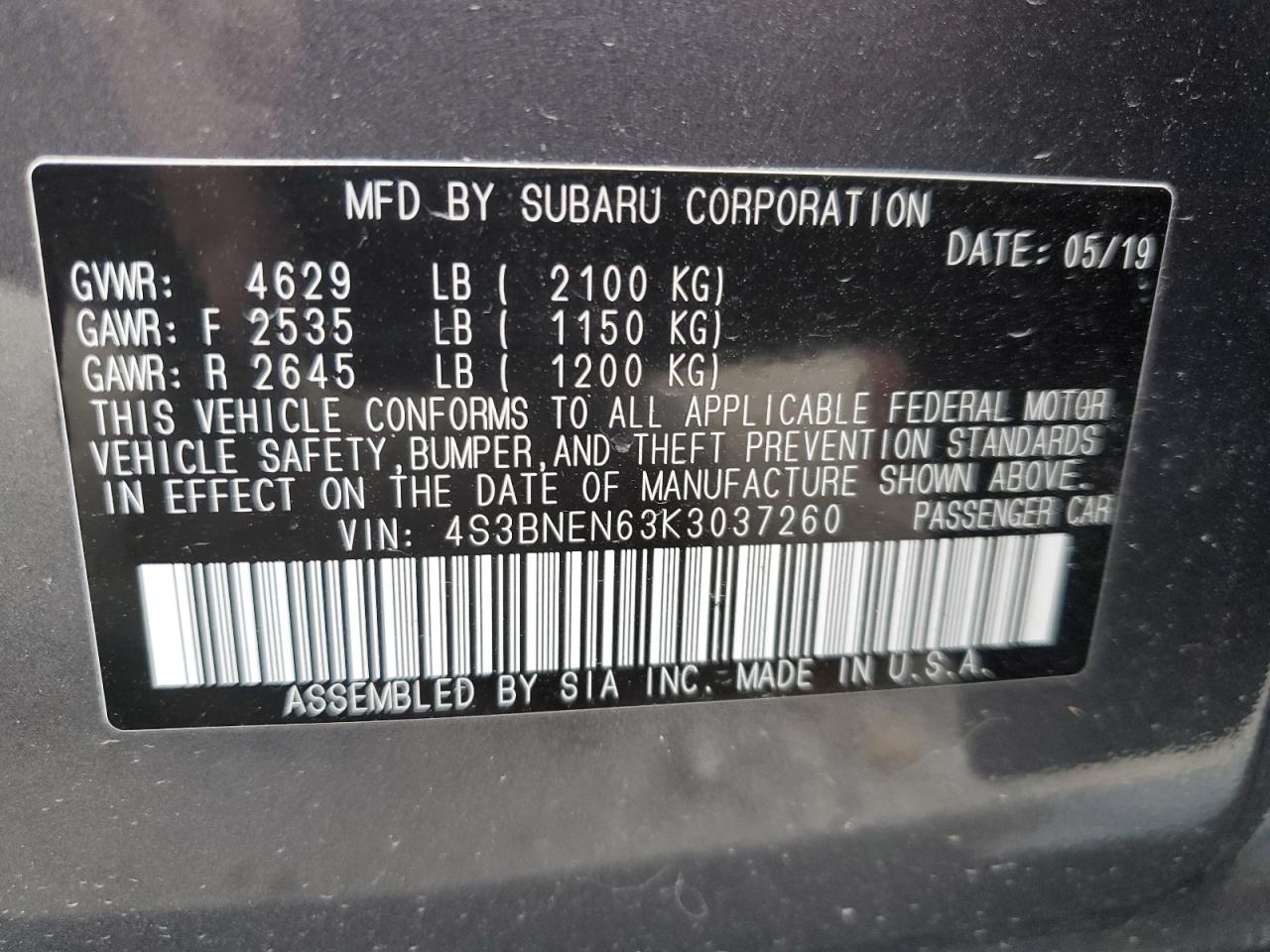 2019 Subaru Legacy 3.6R Limited VIN: 4S3BNEN63K3037260 Lot: 74708224