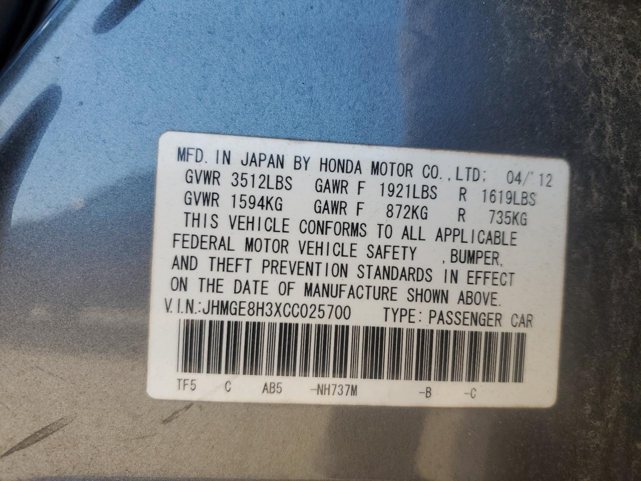 JHMGE8H3XCC025700 2012 Honda Fit