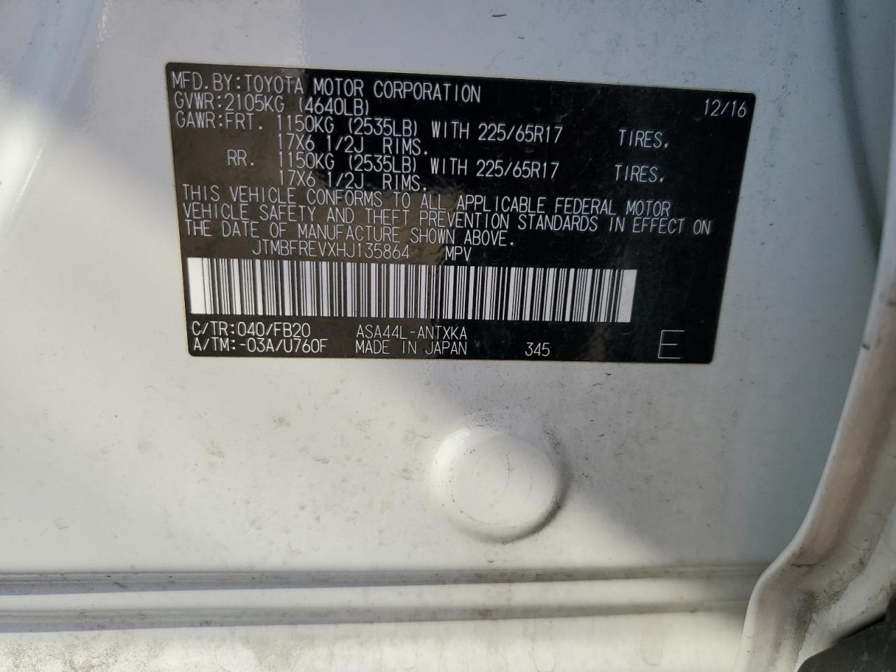 2017 Toyota Rav4 Le VIN: JTMBFREVXHJ135864 Lot: 74954434