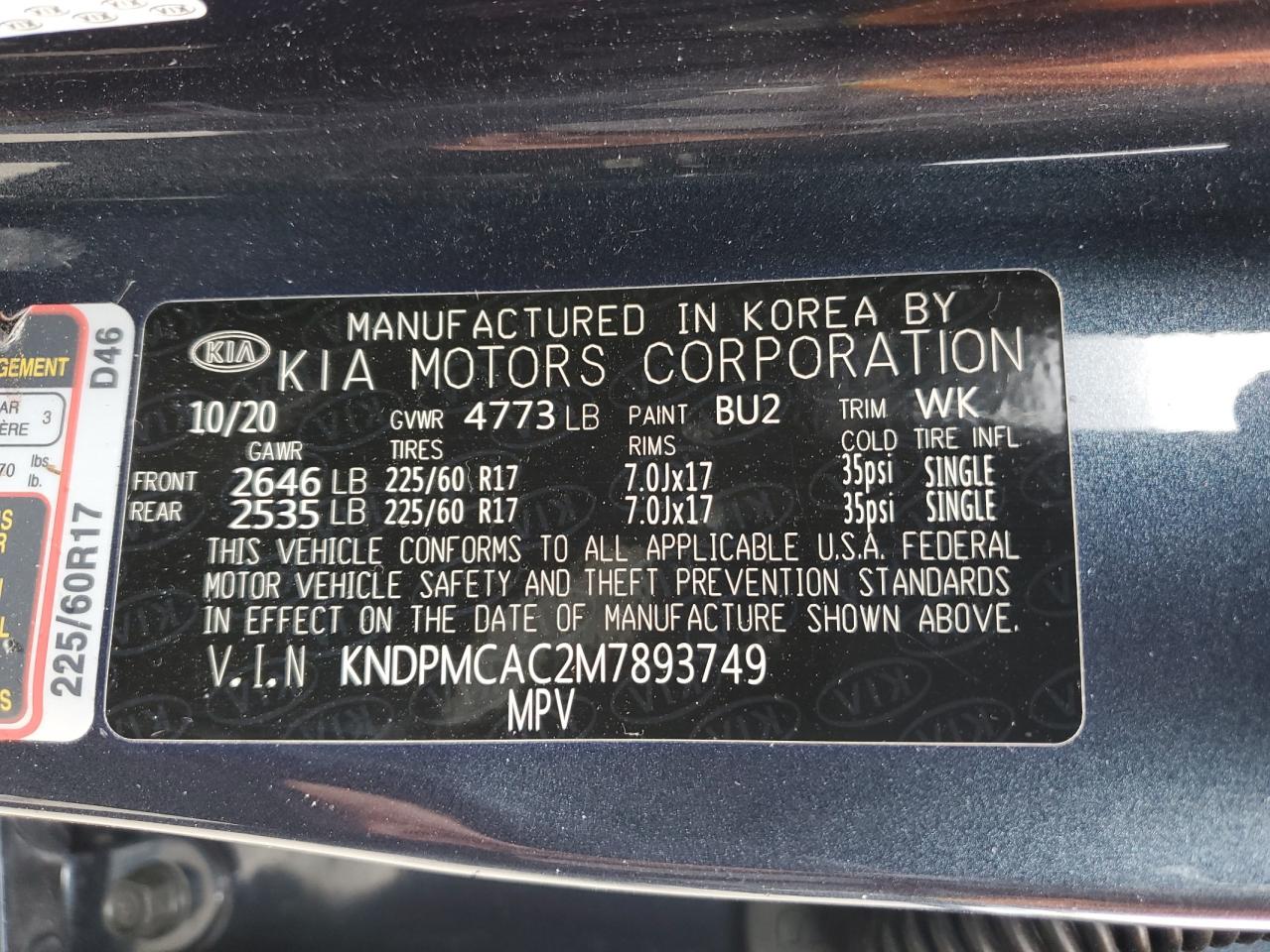 KNDPMCAC2M7893749 2021 Kia Sportage Lx