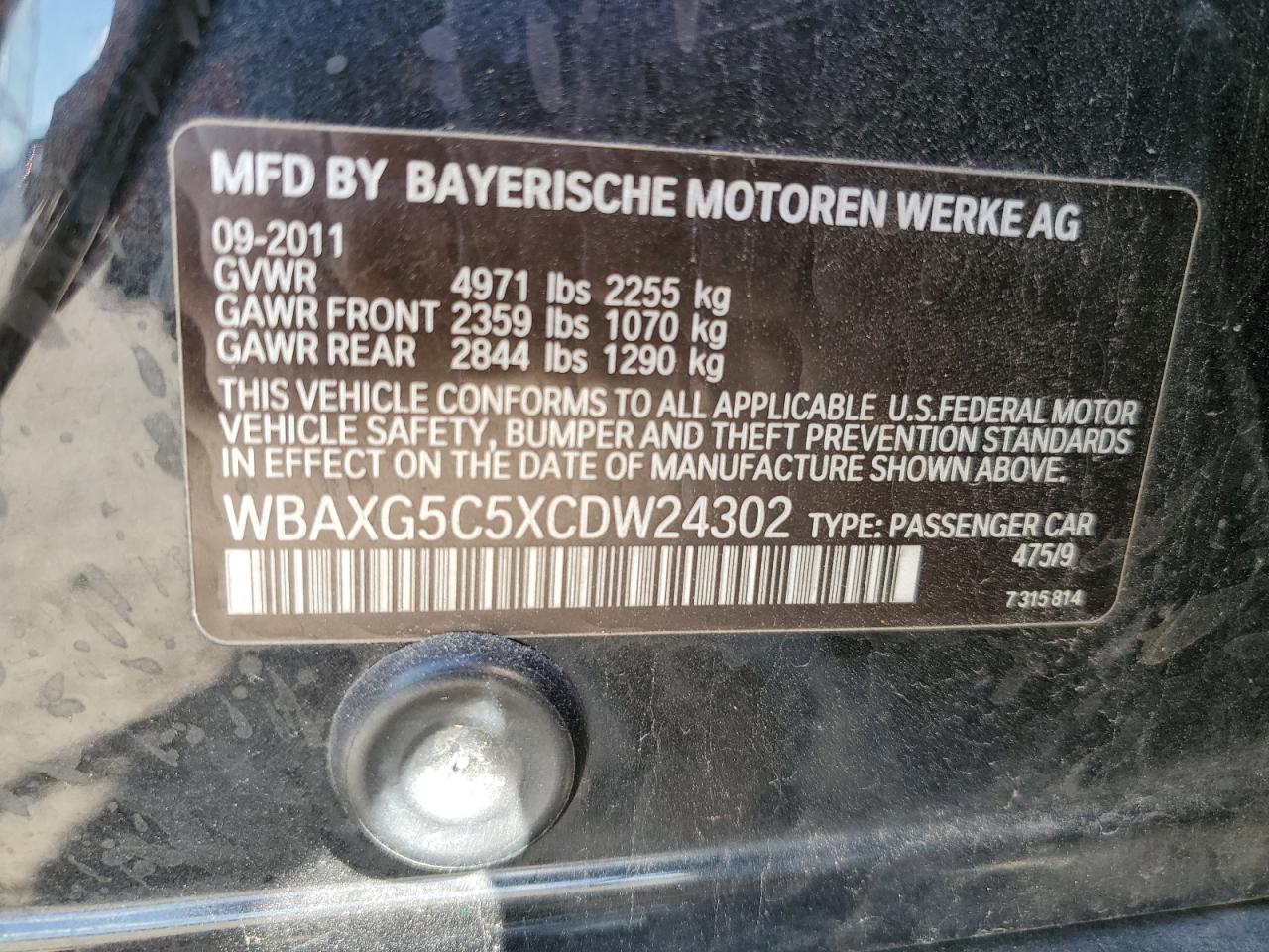 WBAXG5C5XCDW24302 2012 BMW 528 I