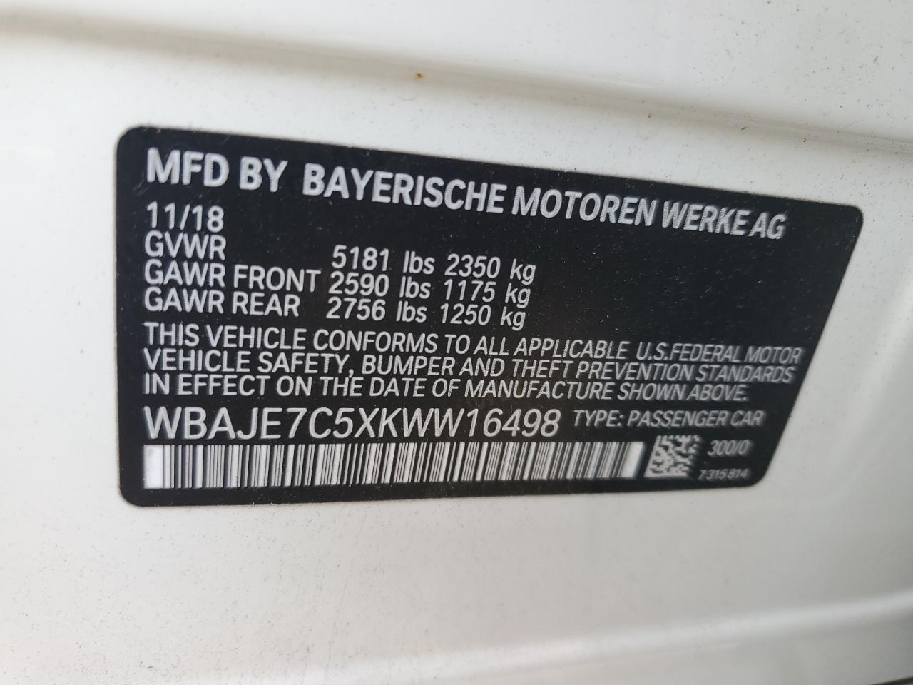 WBAJE7C5XKWW16498 2019 BMW 540 Xi