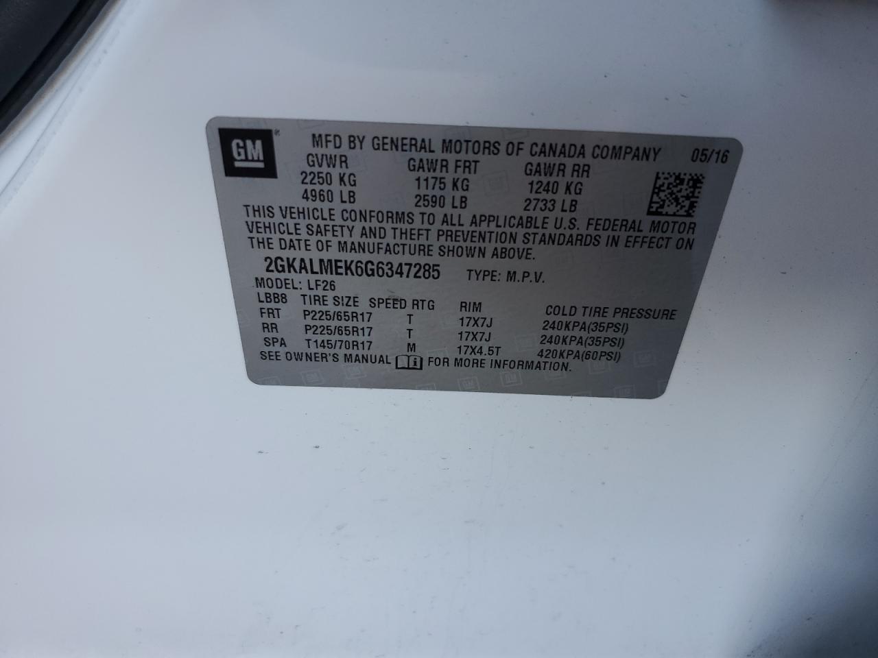 2016 GMC Terrain Sle VIN: 2GKALMEK6G6347285 Lot: 74139764