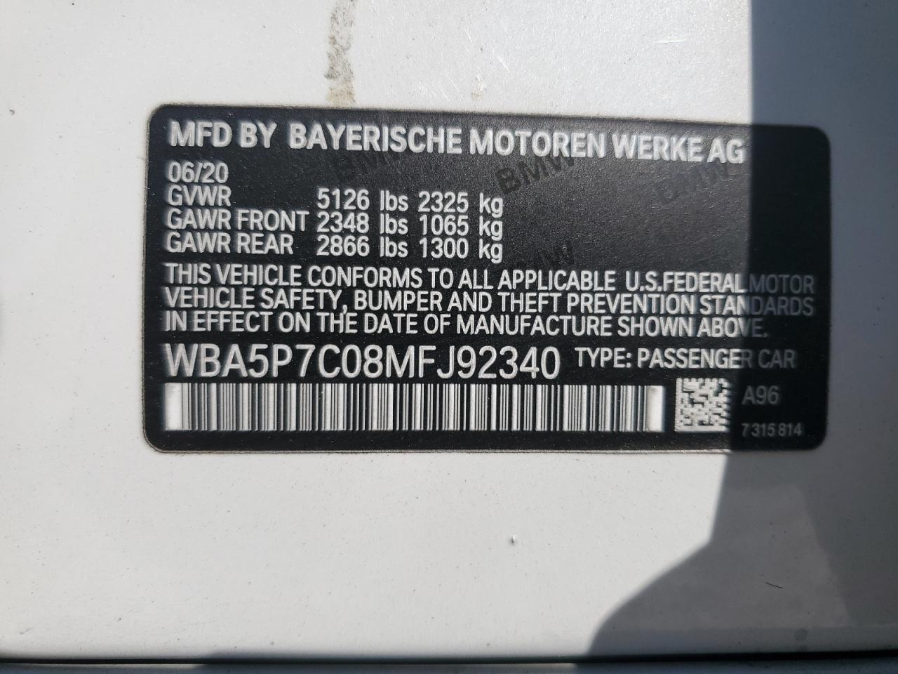 2021 BMW 330E VIN: WBA5P7C08MFJ92340 Lot: 75406664