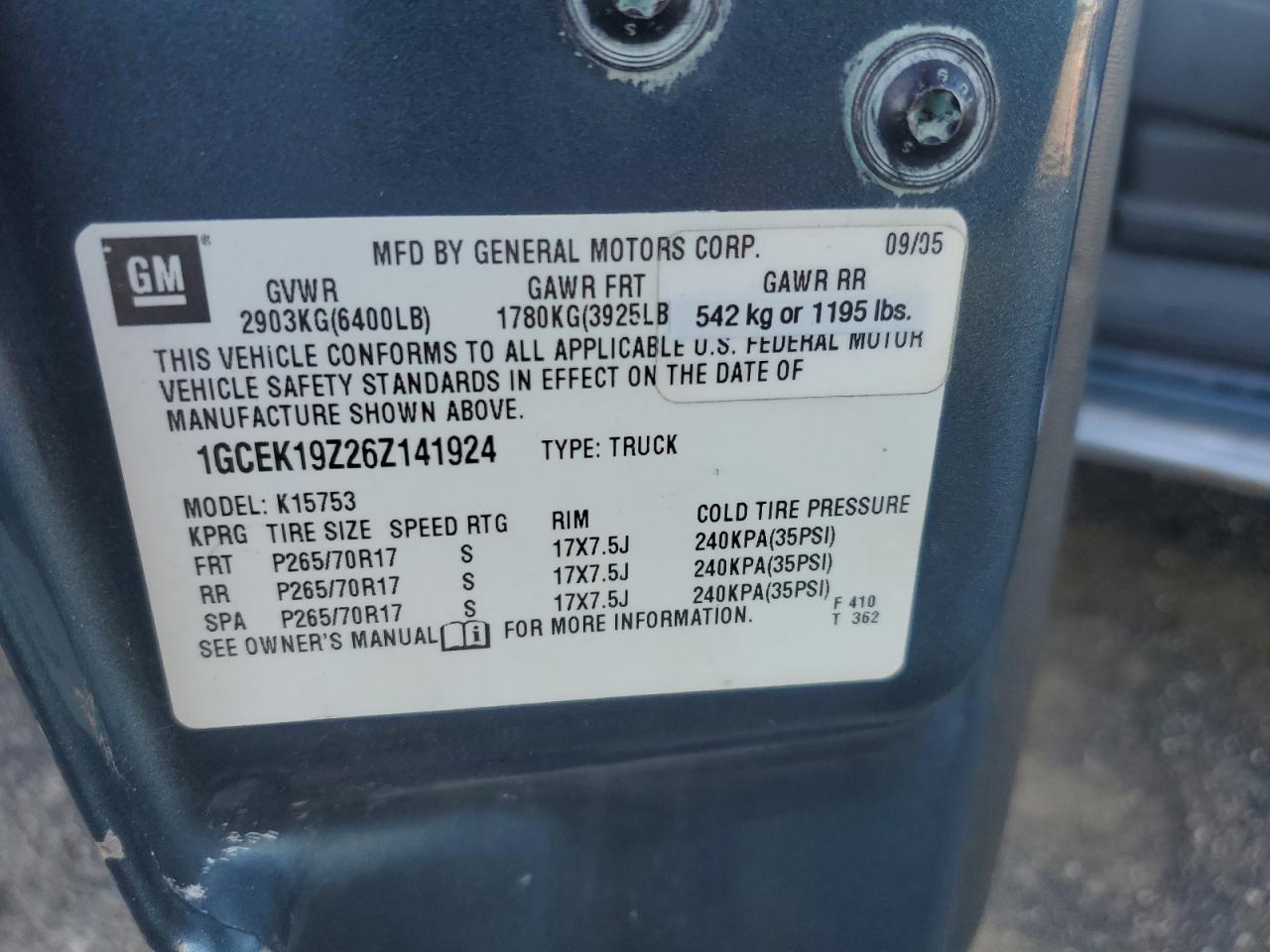 2006 Chevrolet Silverado K1500 VIN: 1GCEK19Z26Z141924 Lot: 73420504