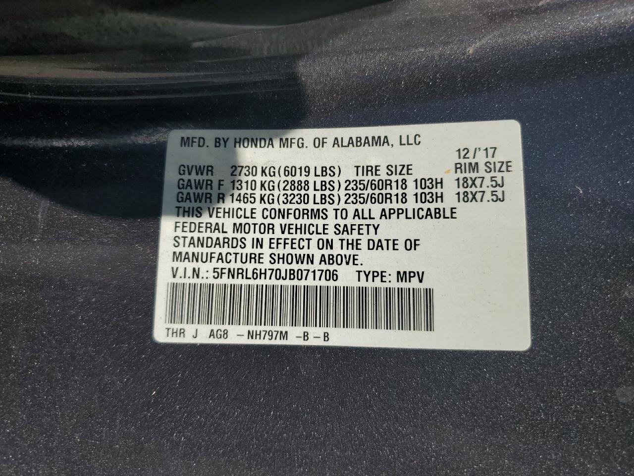 5FNRL6H70JB071706 2018 Honda Odyssey Exl