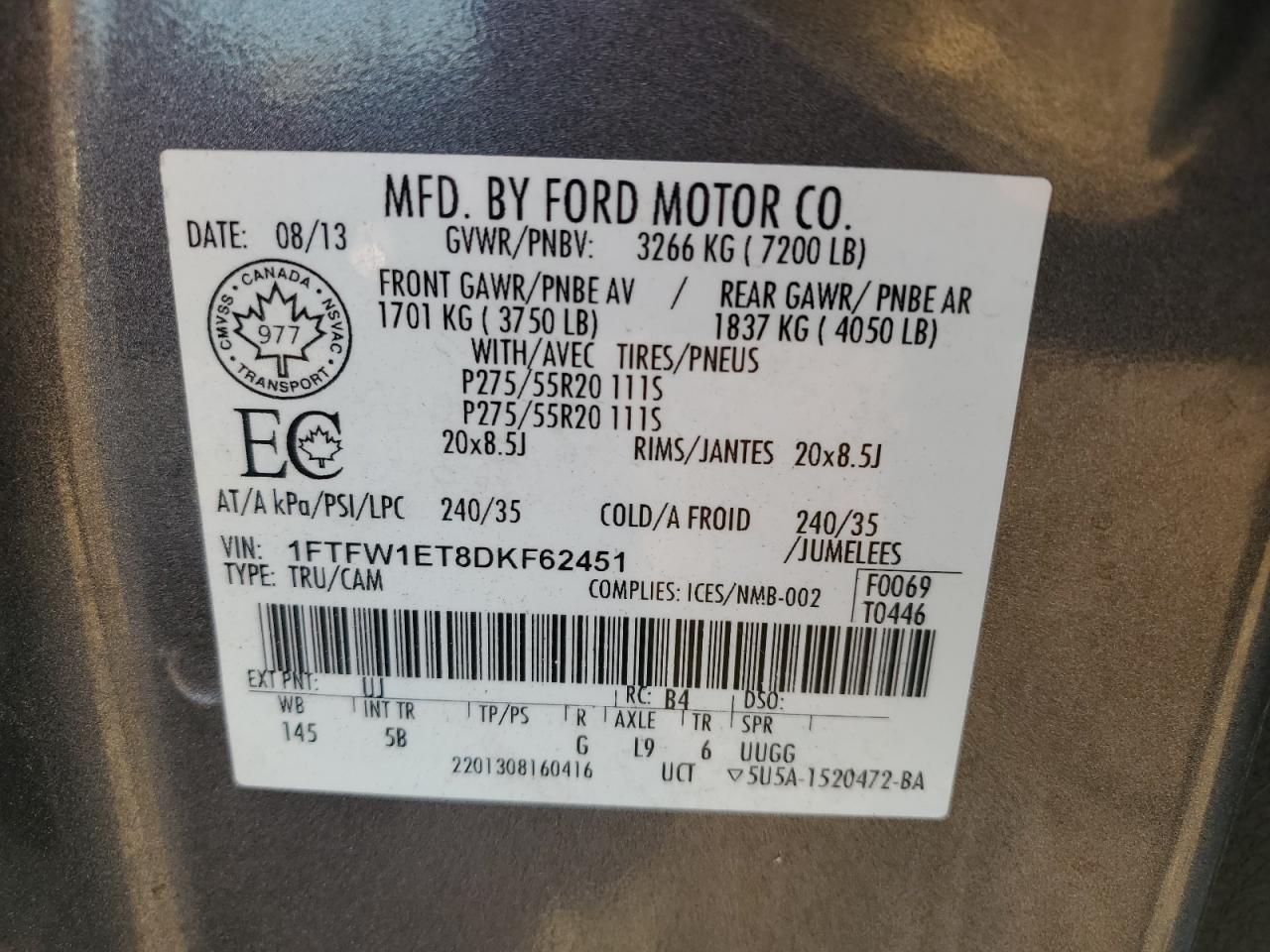 1FTFW1ET8DKF62451 2013 Ford F150 Supercrew