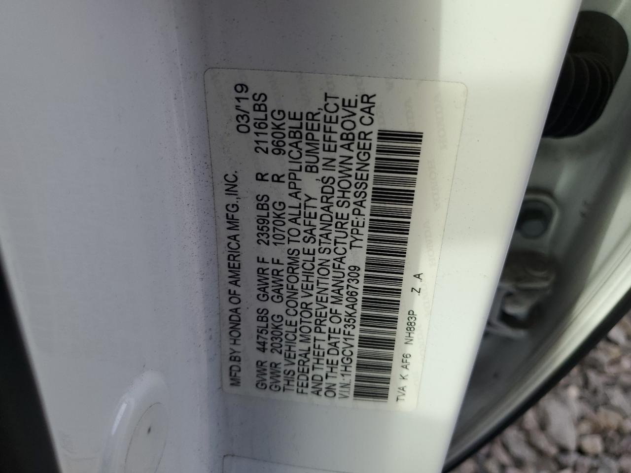 VIN 1HGCV1F35KA067309 2019 HONDA ACCORD no.12