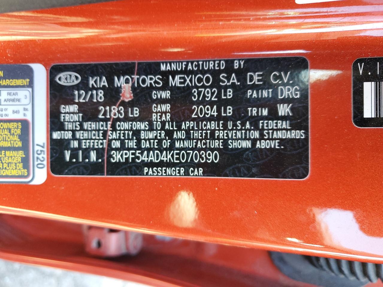 3KPF54AD4KE070390 2019 Kia Forte Ex