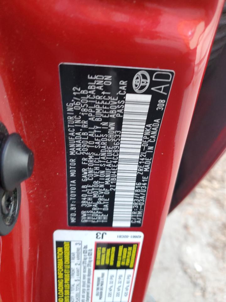 2012 Toyota Corolla Base VIN: 2T1BU4EE4CC896533 Lot: 76696854