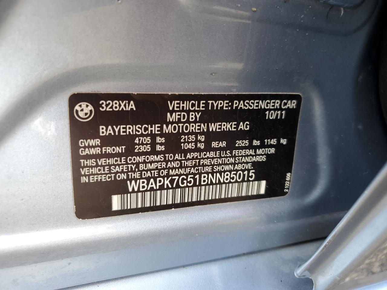 2011 BMW 328 Xi VIN: WBAPK7G51BNN85015 Lot: 74170964