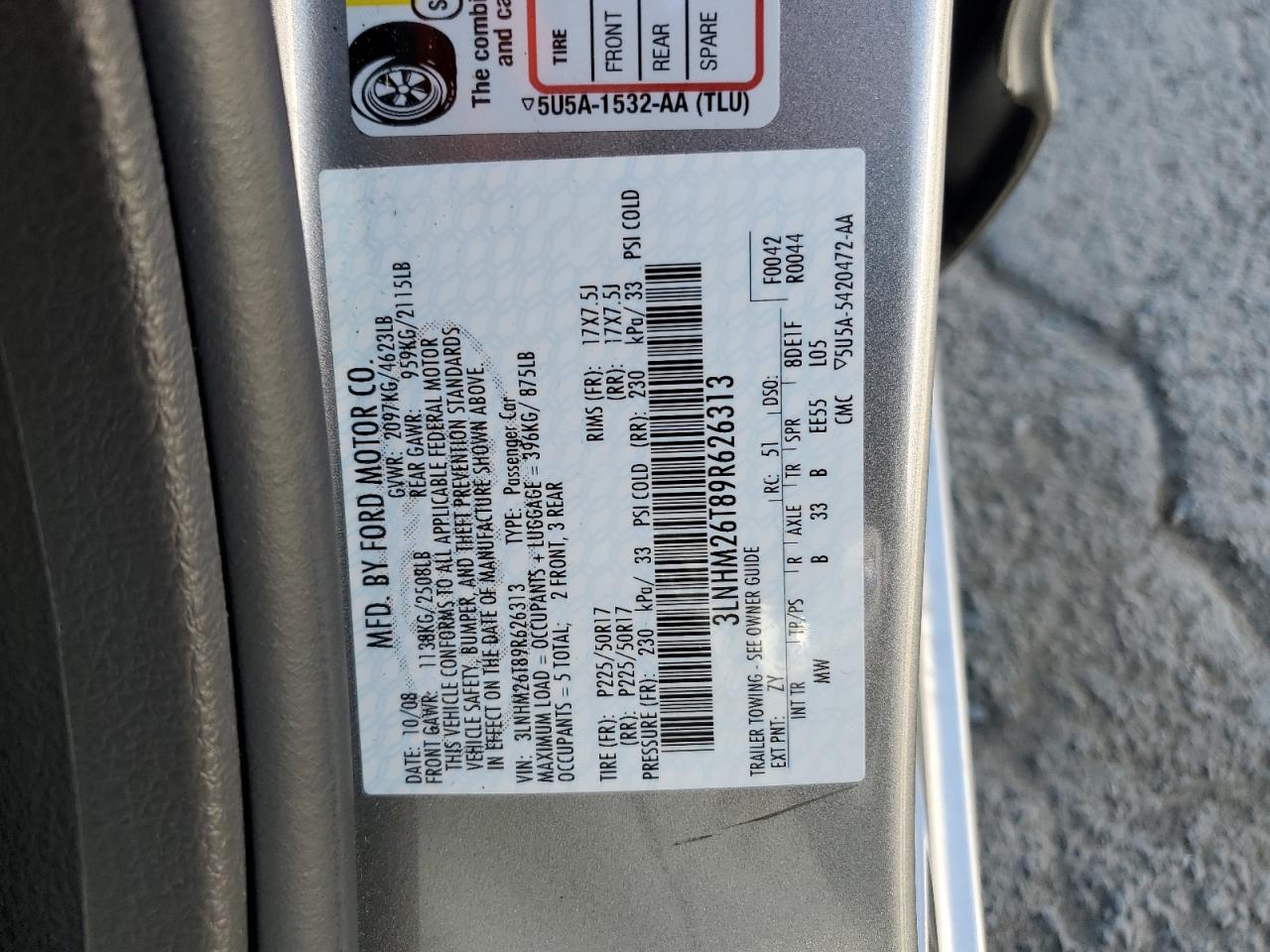 2009 Lincoln Mkz VIN: 3LNHM26T89R626313 Lot: 74118564