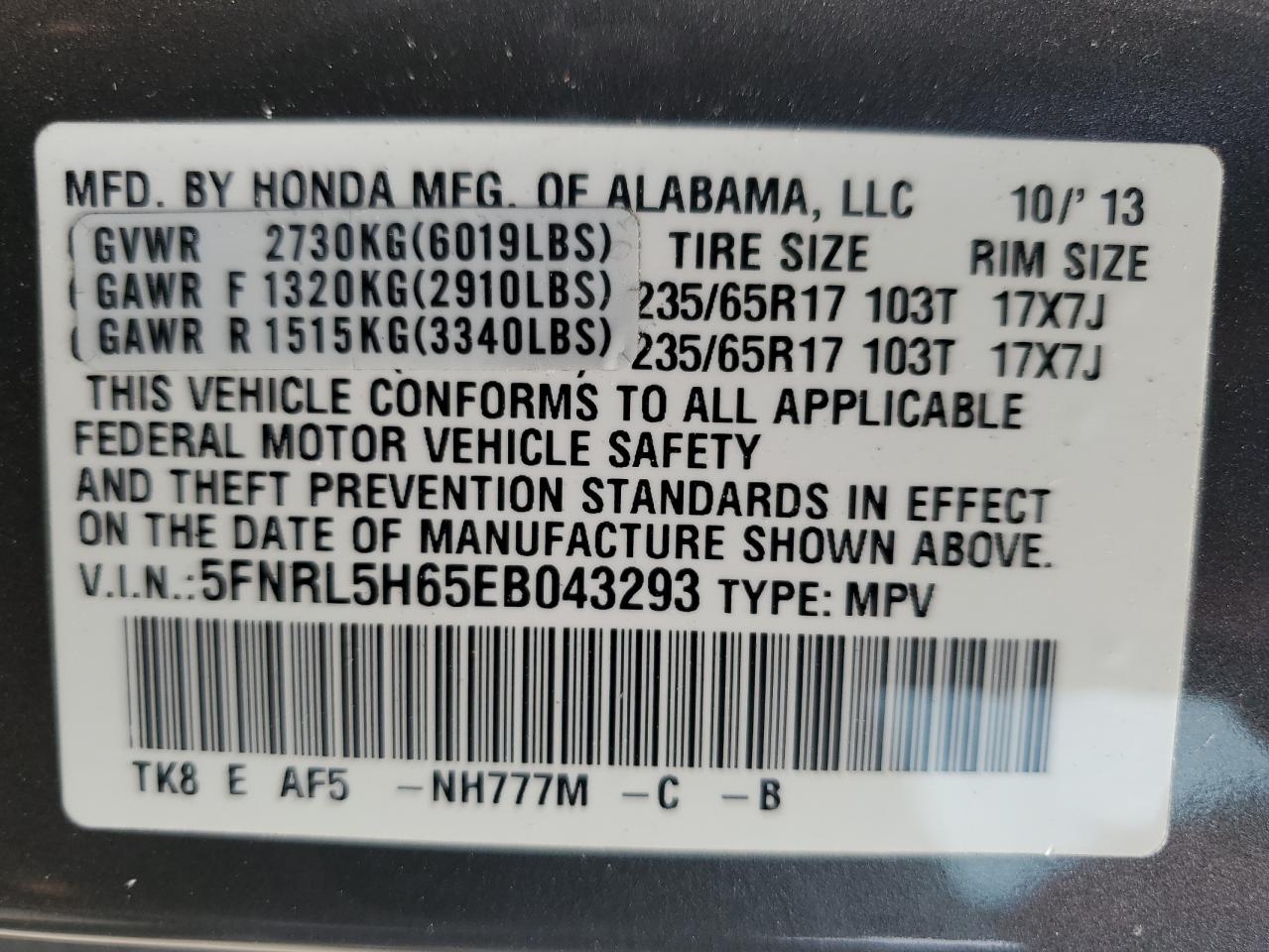 5FNRL5H65EB043293 2014 Honda Odyssey Exl