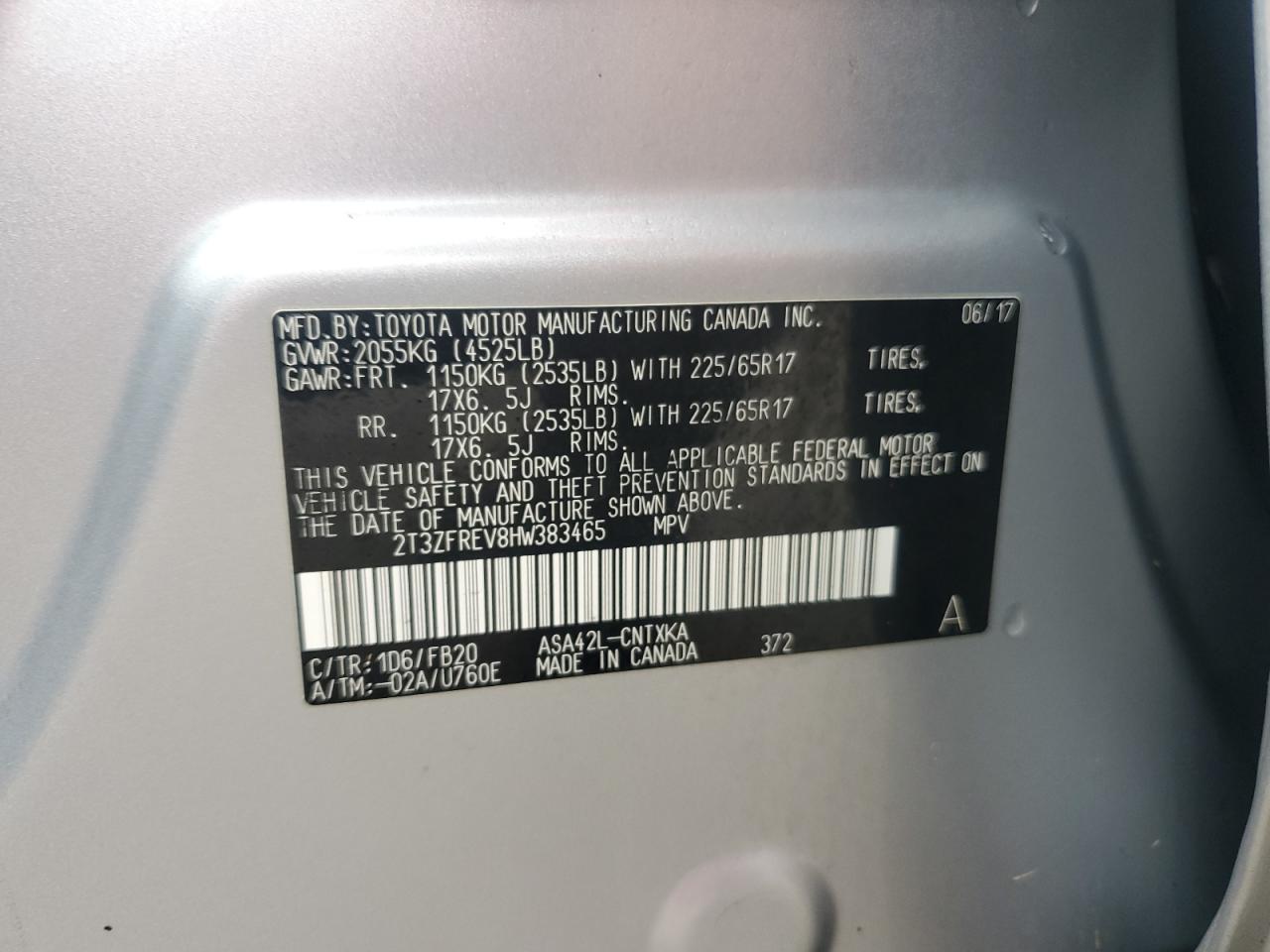 2017 Toyota Rav4 Le VIN: 2T3ZFREV8HW383465 Lot: 74972284