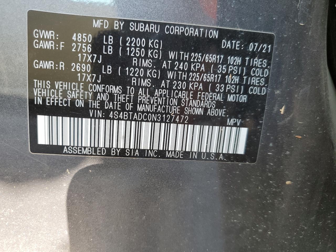 4S4BTADC0N3127472 2022 Subaru Outback Premium