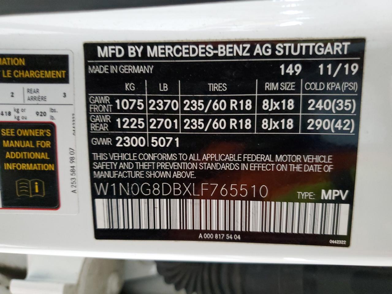 W1N0G8DBXLF765510 2020 Mercedes-Benz Glc 300