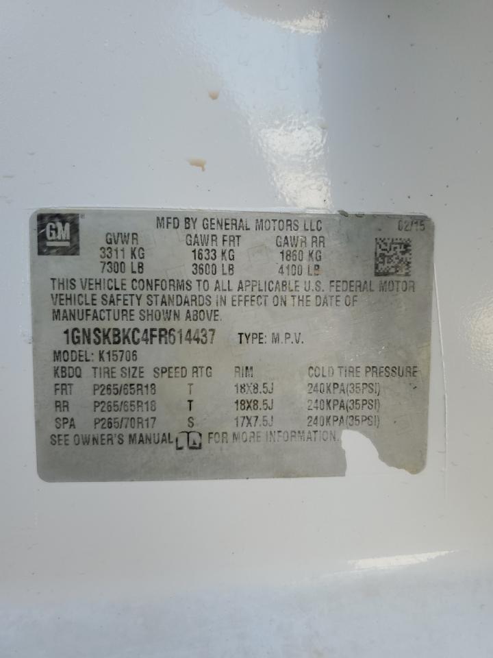 2015 Chevrolet Tahoe K1500 Lt VIN: 1GNSKBKC4FR614437 Lot: 77807614