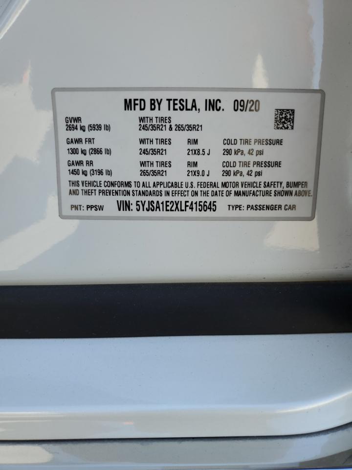 2020 Tesla Model S VIN: 5YJSA1E2XLF415645 Lot: 73709064