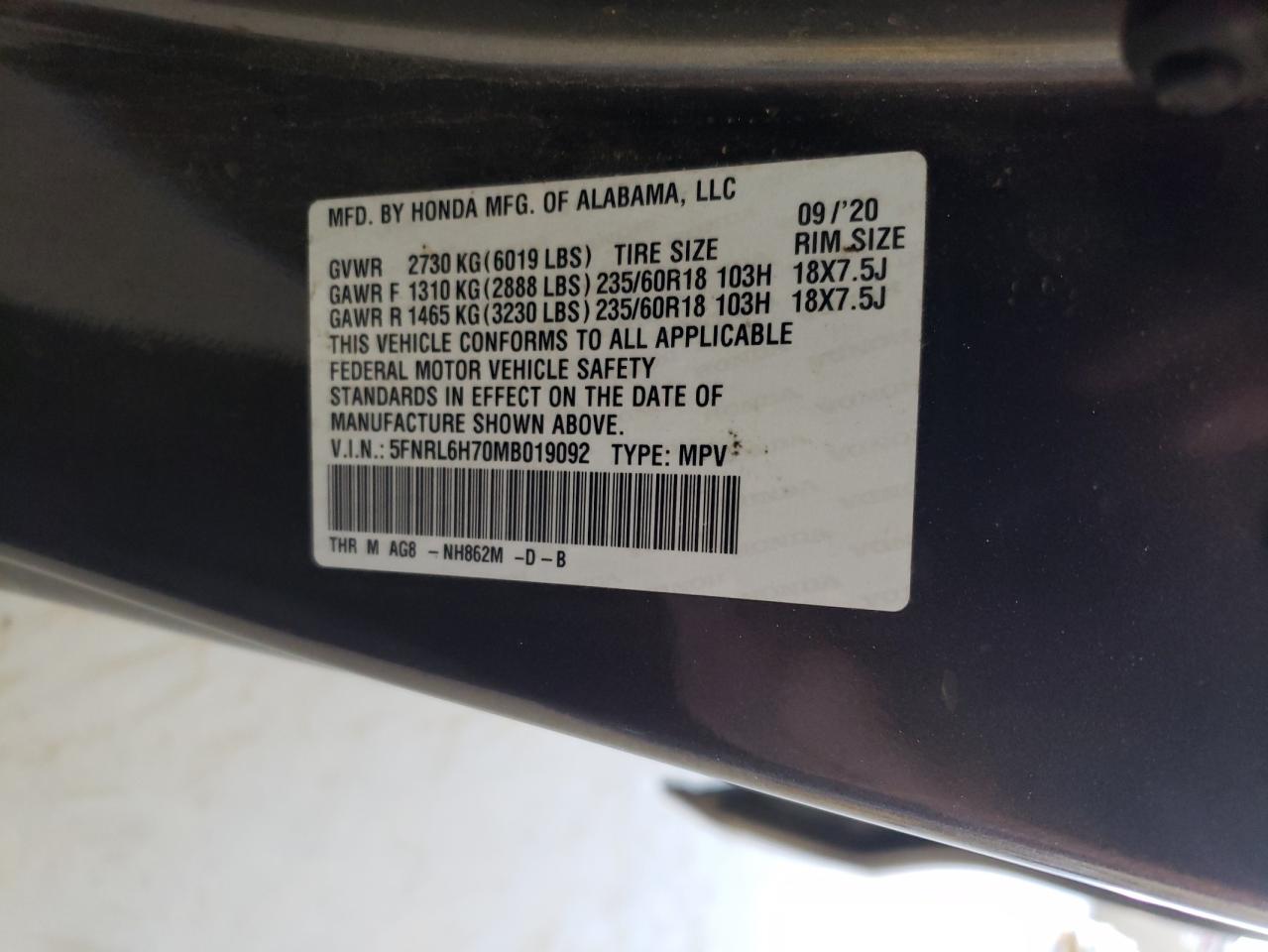 5FNRL6H70MB019092 2021 Honda Odyssey Exl