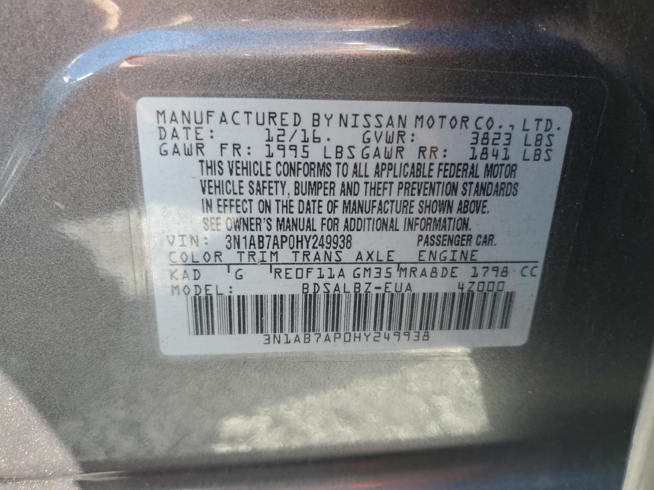 3N1AB7AP0HY249938 2017 Nissan Sentra S