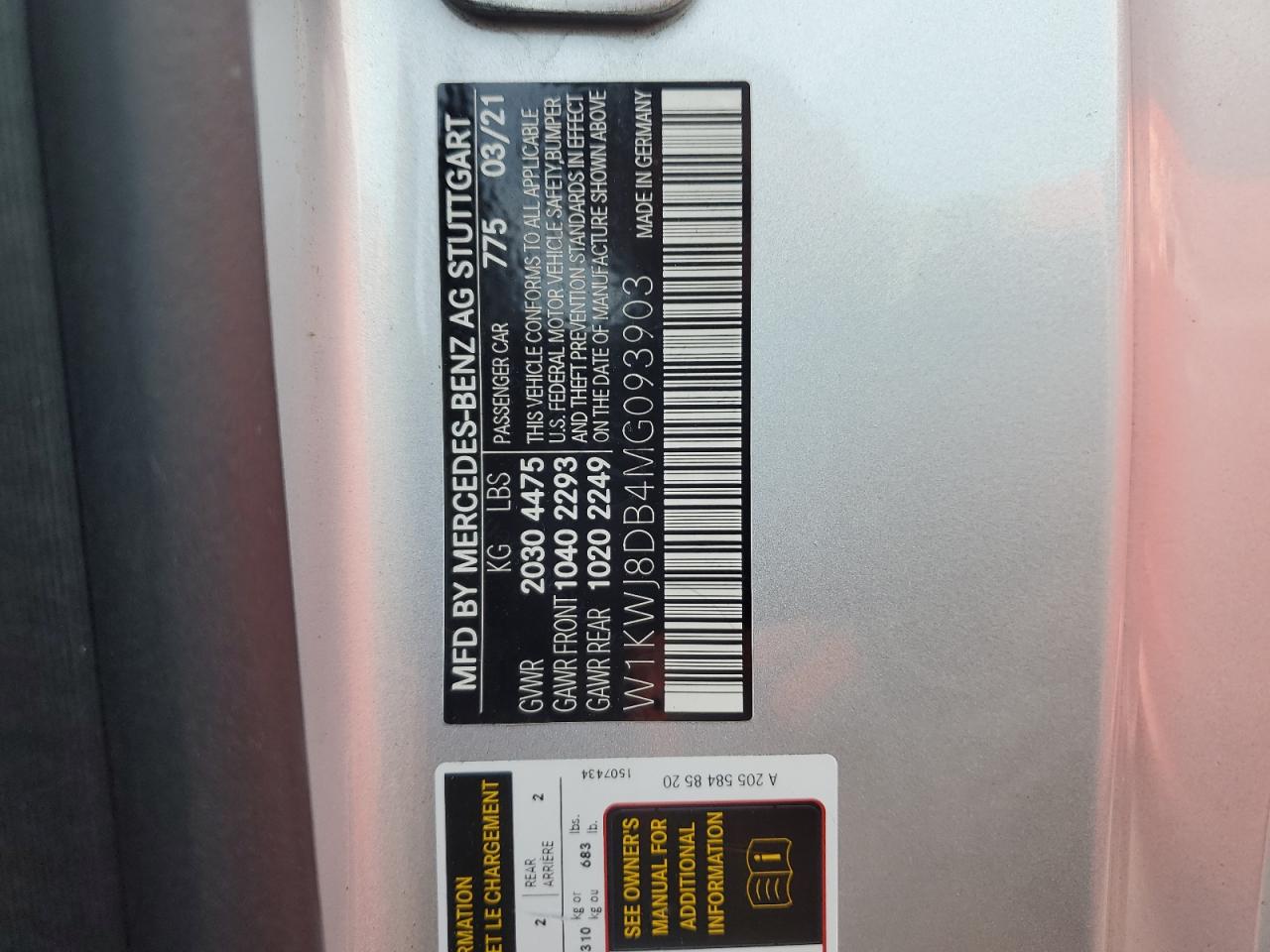 2021 Mercedes-Benz C 300 VIN: W1KWJ8DB4MG093903 Lot: 76293864