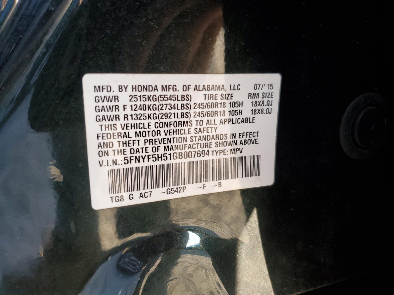 5FNYF5H51GB007694 2016 Honda Pilot Exl