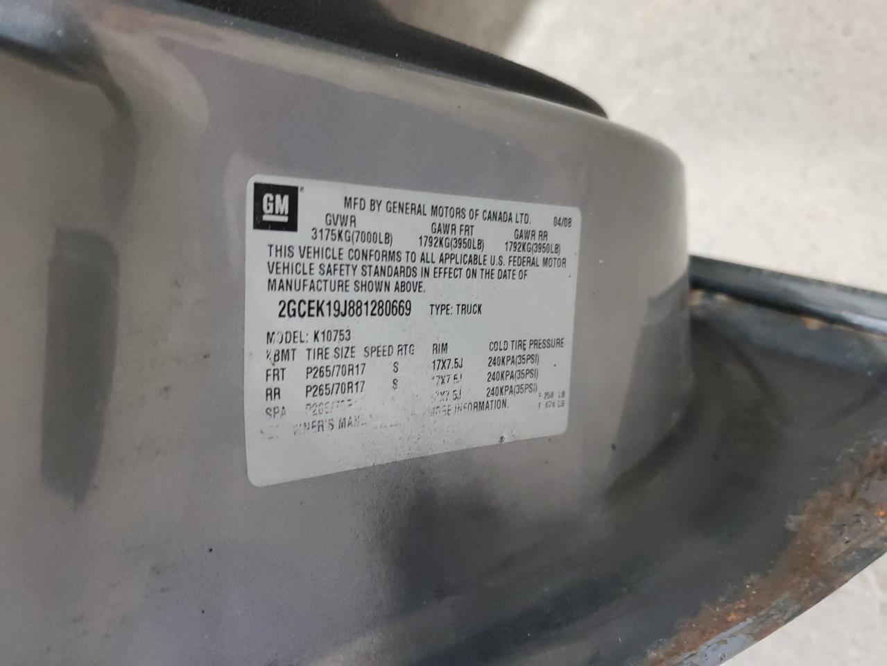 2008 Chevrolet Silverado K1500 VIN: 2GCEK19J881280669 Lot: 74754474