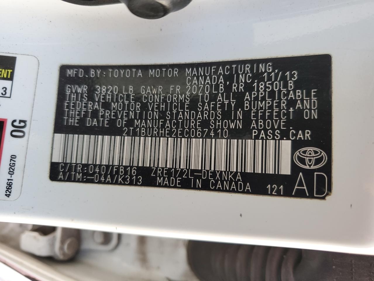 2014 Toyota Corolla L VIN: 2T1BURHE2EC067410 Lot: 76928214