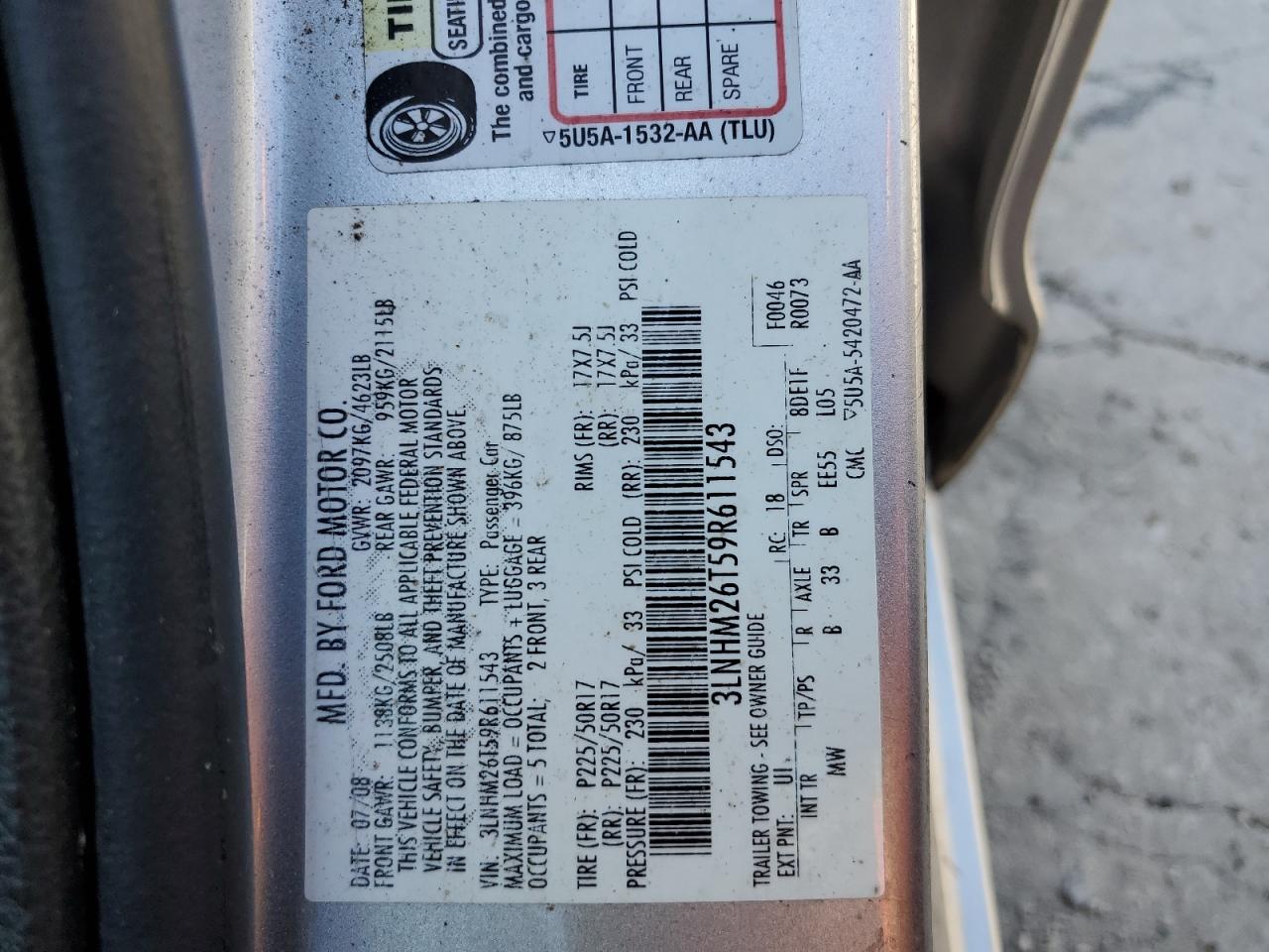 2009 Lincoln Mkz VIN: 3LNHM26T59R611543 Lot: 42245905