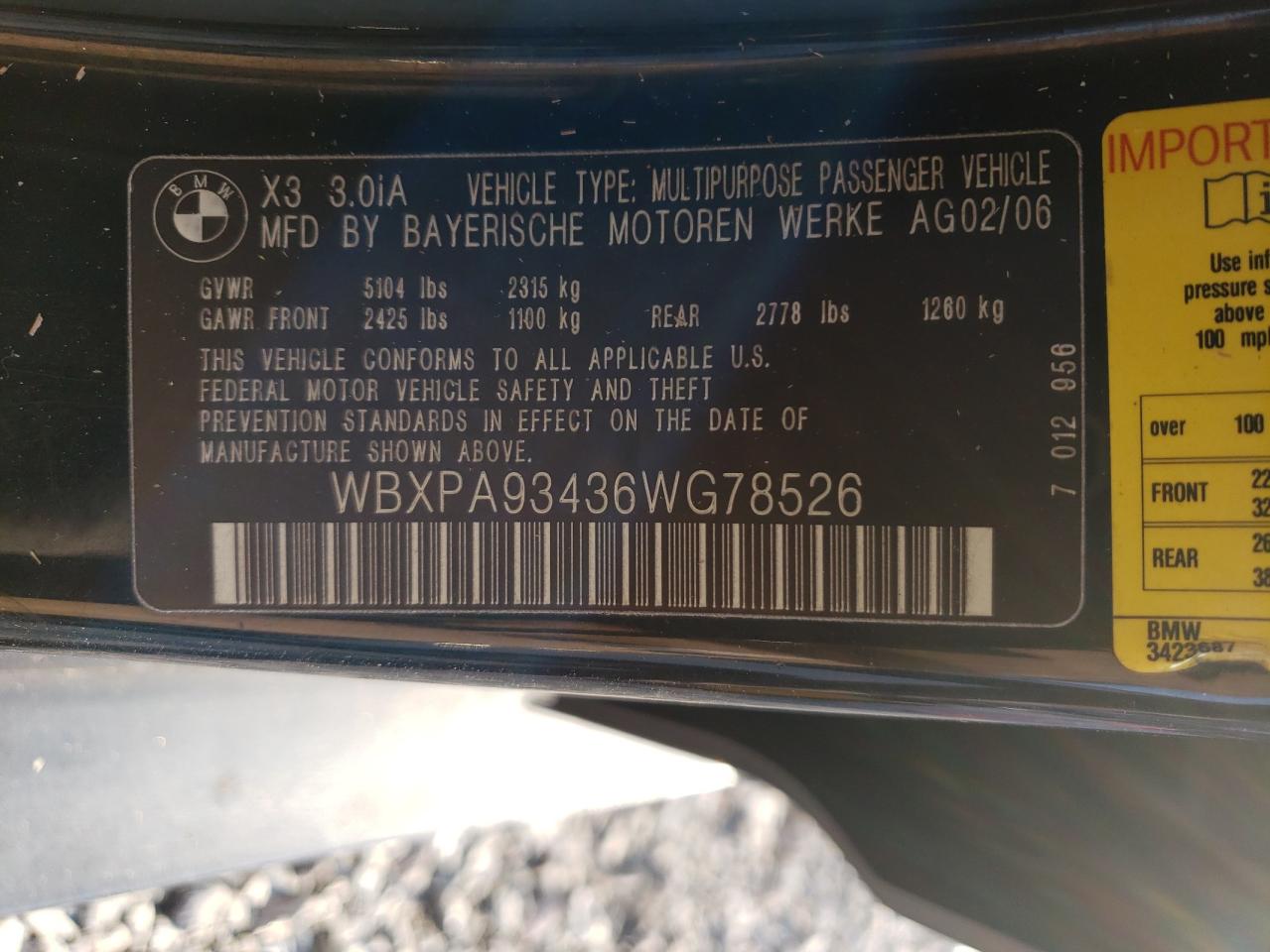 WBXPA93436WG78526 2006 BMW X3 3.0I