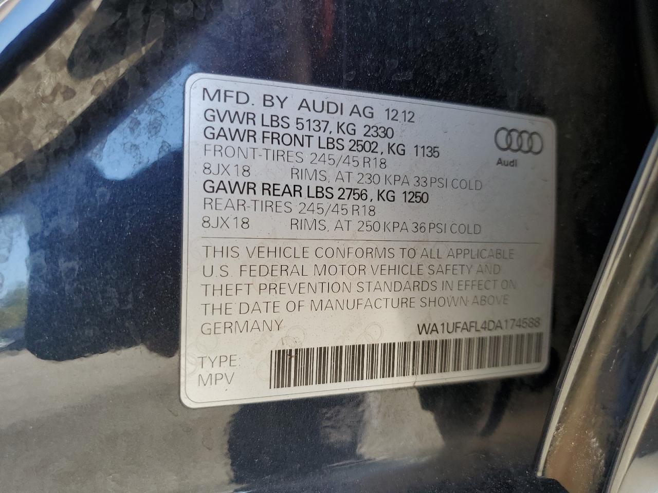 2013 Audi A4 Allroad Premium Plus VIN: WA1UFAFL4DA174588 Lot: 78888364