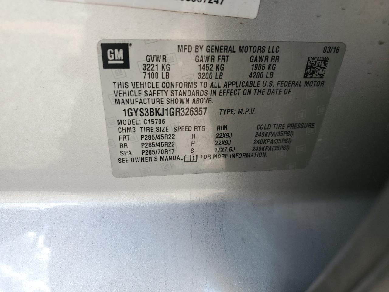 2016 Cadillac Escalade Luxury VIN: 1GYS3BKJ1GR326357 Lot: 77121494