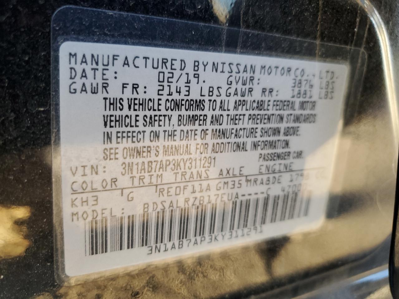 3N1AB7AP3KY311291 2019 Nissan Sentra S