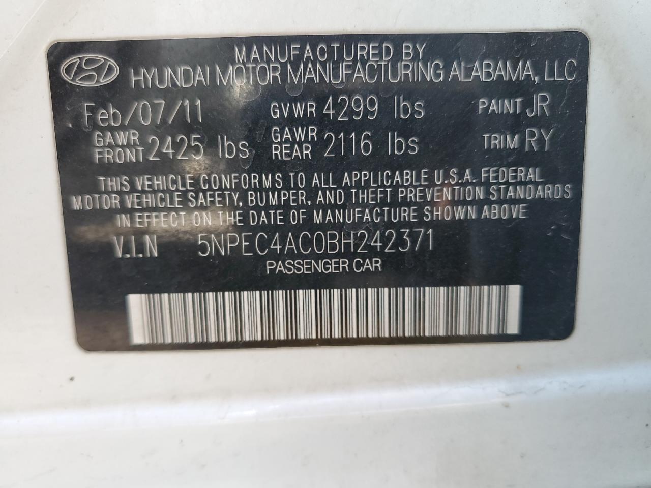 5NPEC4AC0BH242371 2011 Hyundai Sonata Se