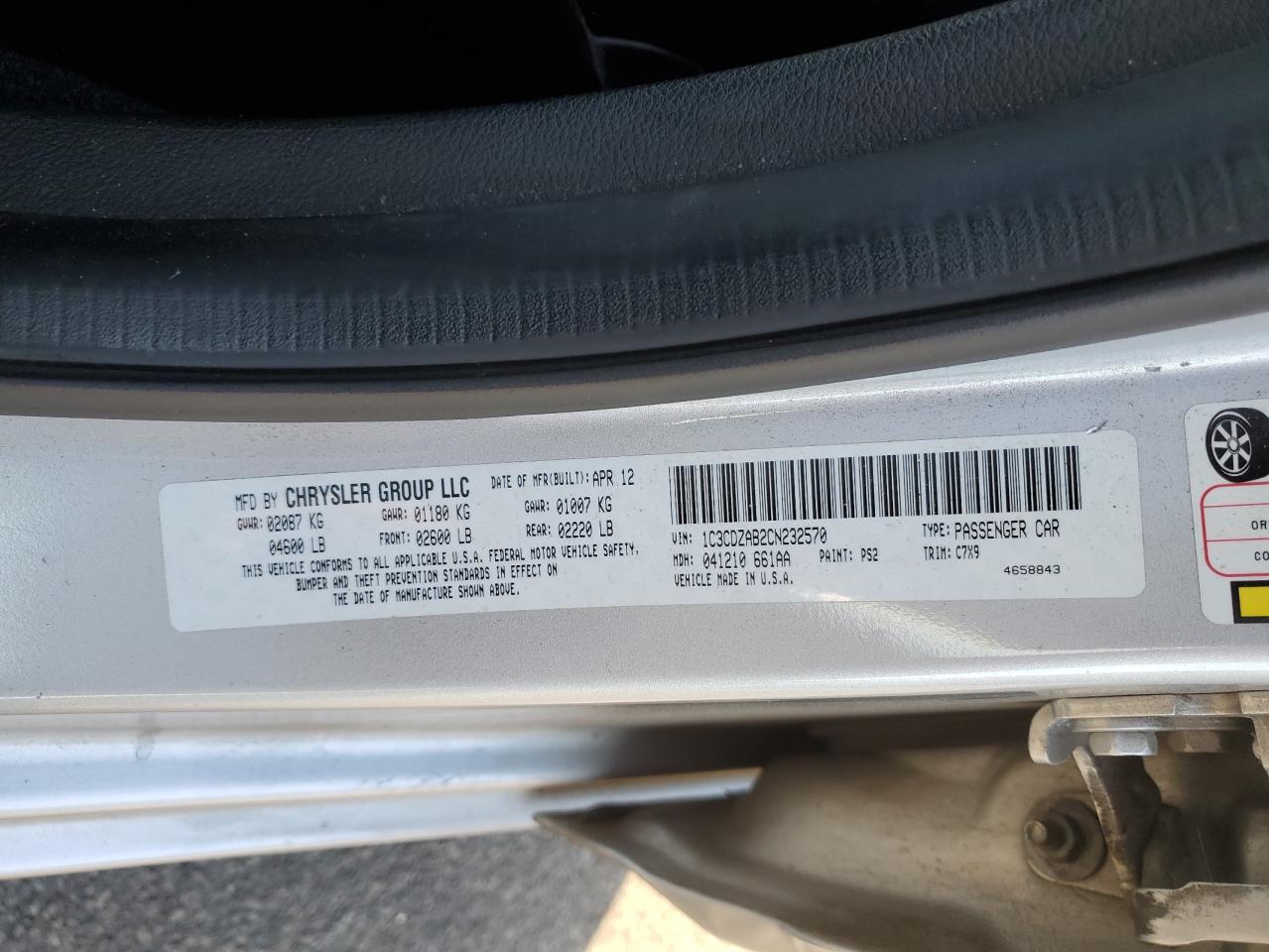 2012 Dodge Avenger Se VIN: 1C3CDZAB2CN232570 Lot: 78152034