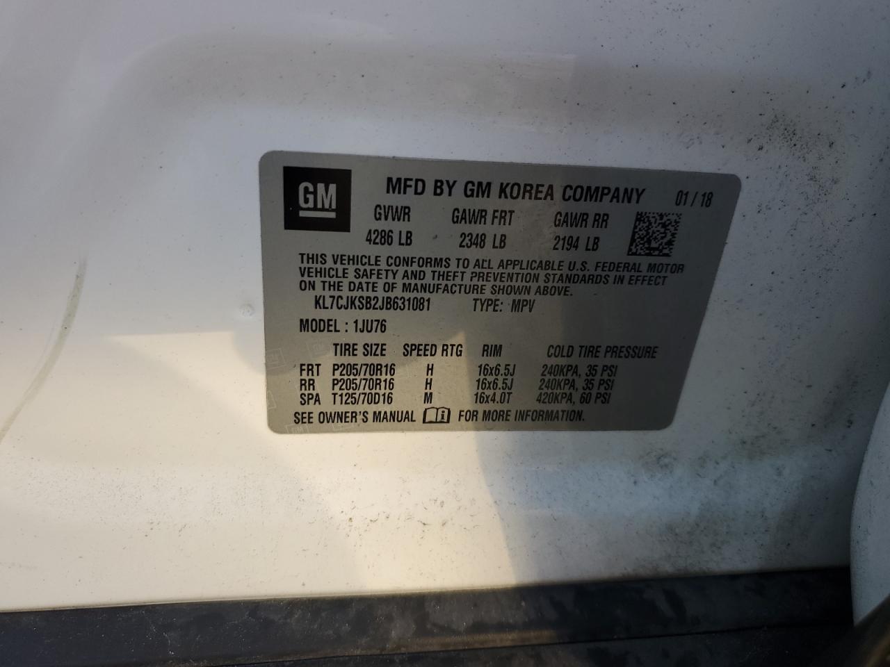 KL7CJKSB2JB631081 2018 Chevrolet Trax Ls