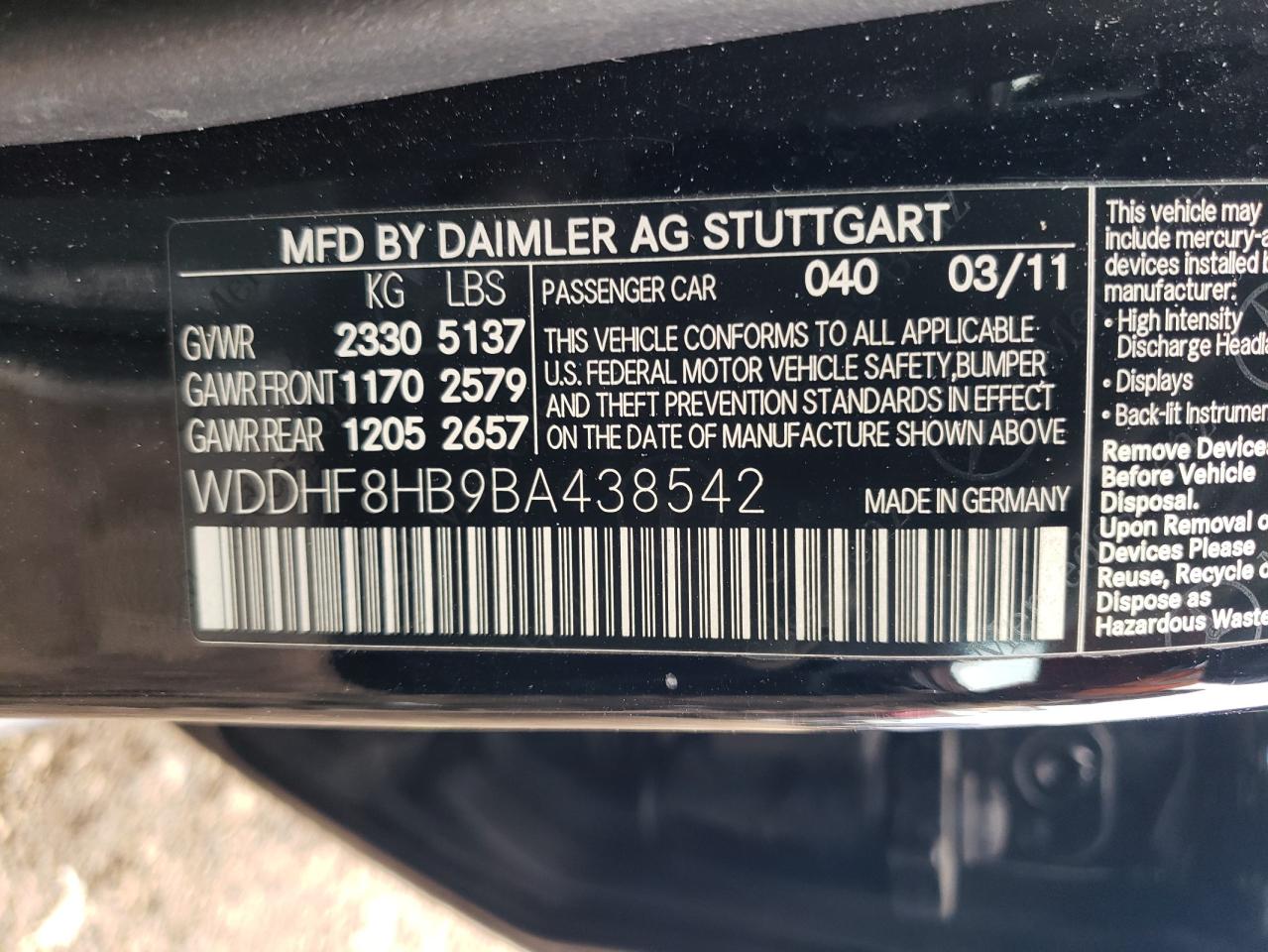 2011 Mercedes-Benz E 350 4Matic VIN: WDDHF8HB9BA438542 Lot: 78061944