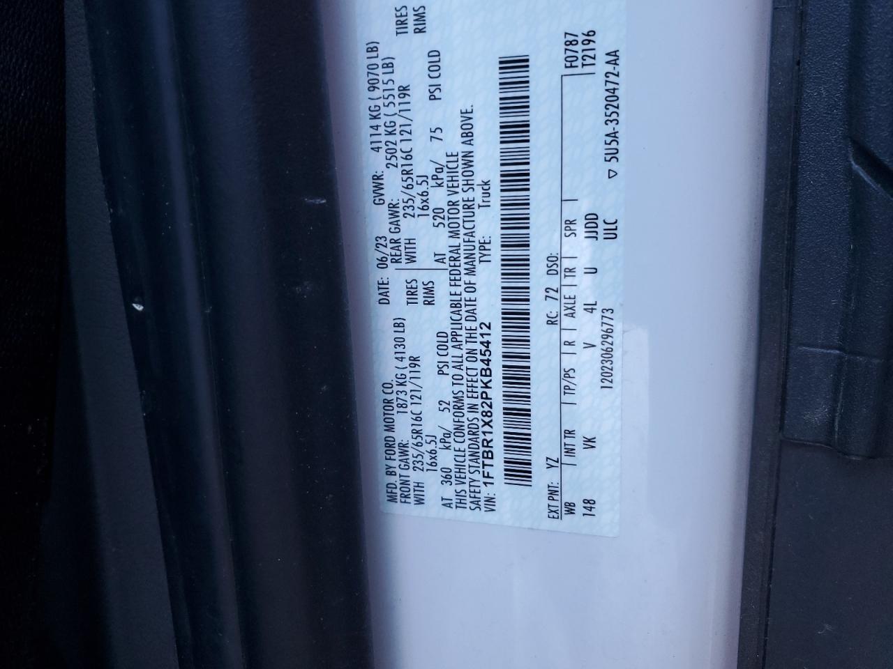 2023 Ford Transit T-250 VIN: 1FTBR1X82PKB45412 Lot: 75329964