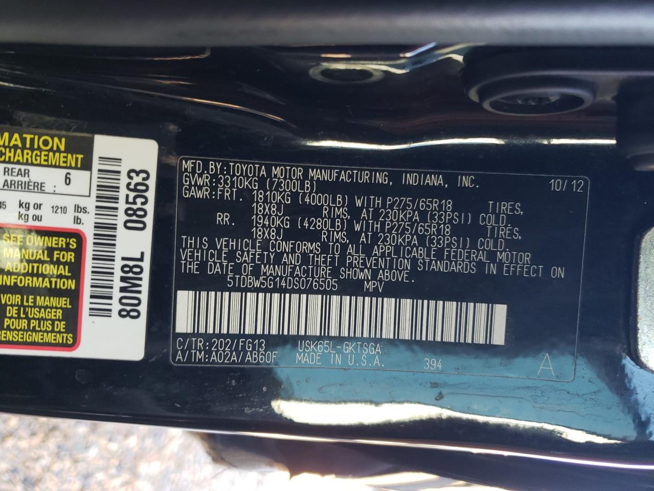 5TDBW5G14DS076505 2013 Toyota Sequoia Sr5