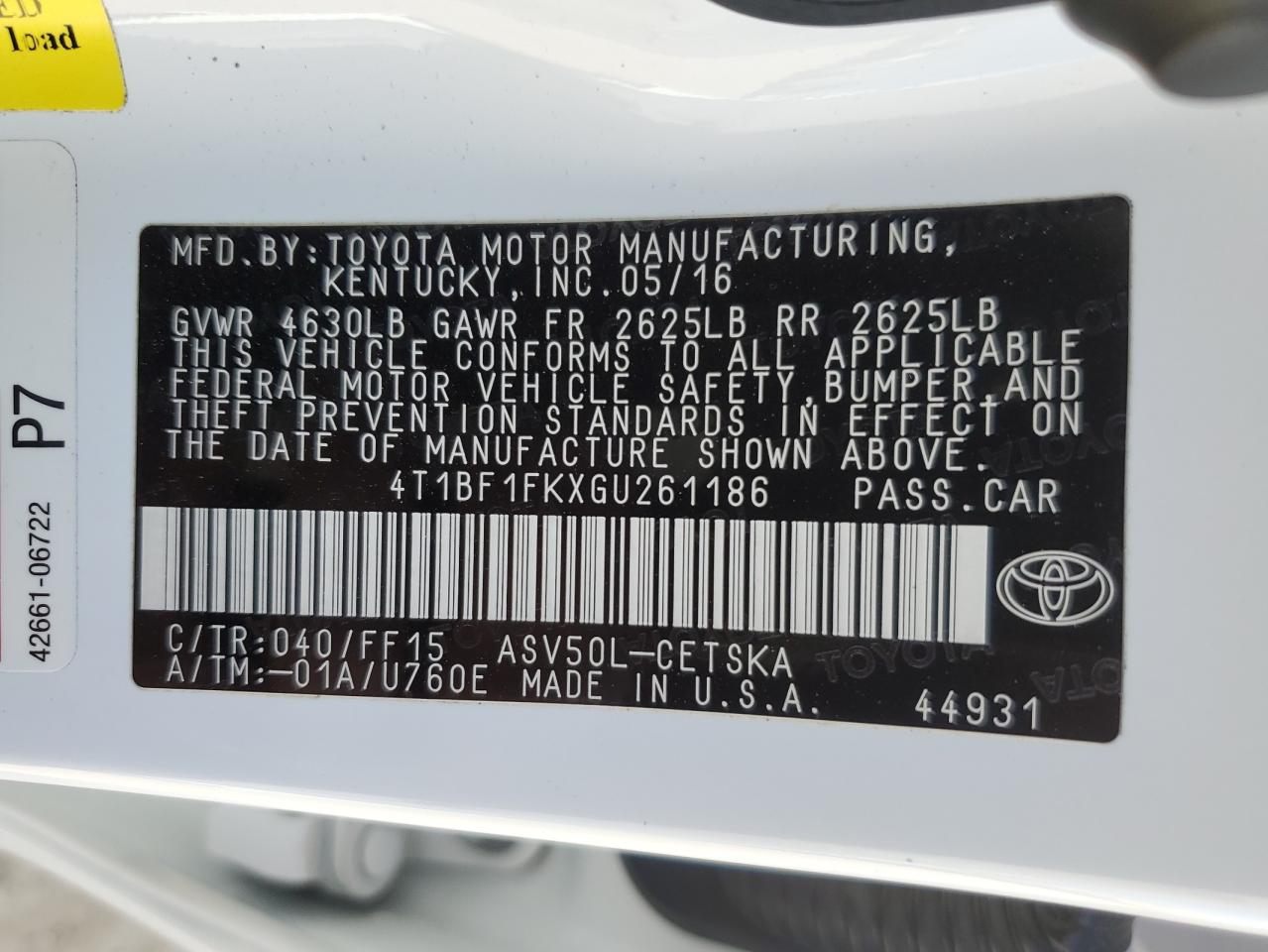 2016 Toyota Camry Le VIN: 4T1BF1FKXGU261186 Lot: 77886114