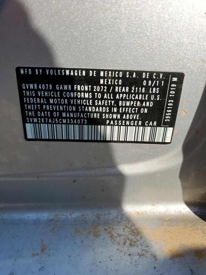 2012 Volkswagen Jetta Base VIN: 3VW2K7AJ5CM334073 Lot: 77308114