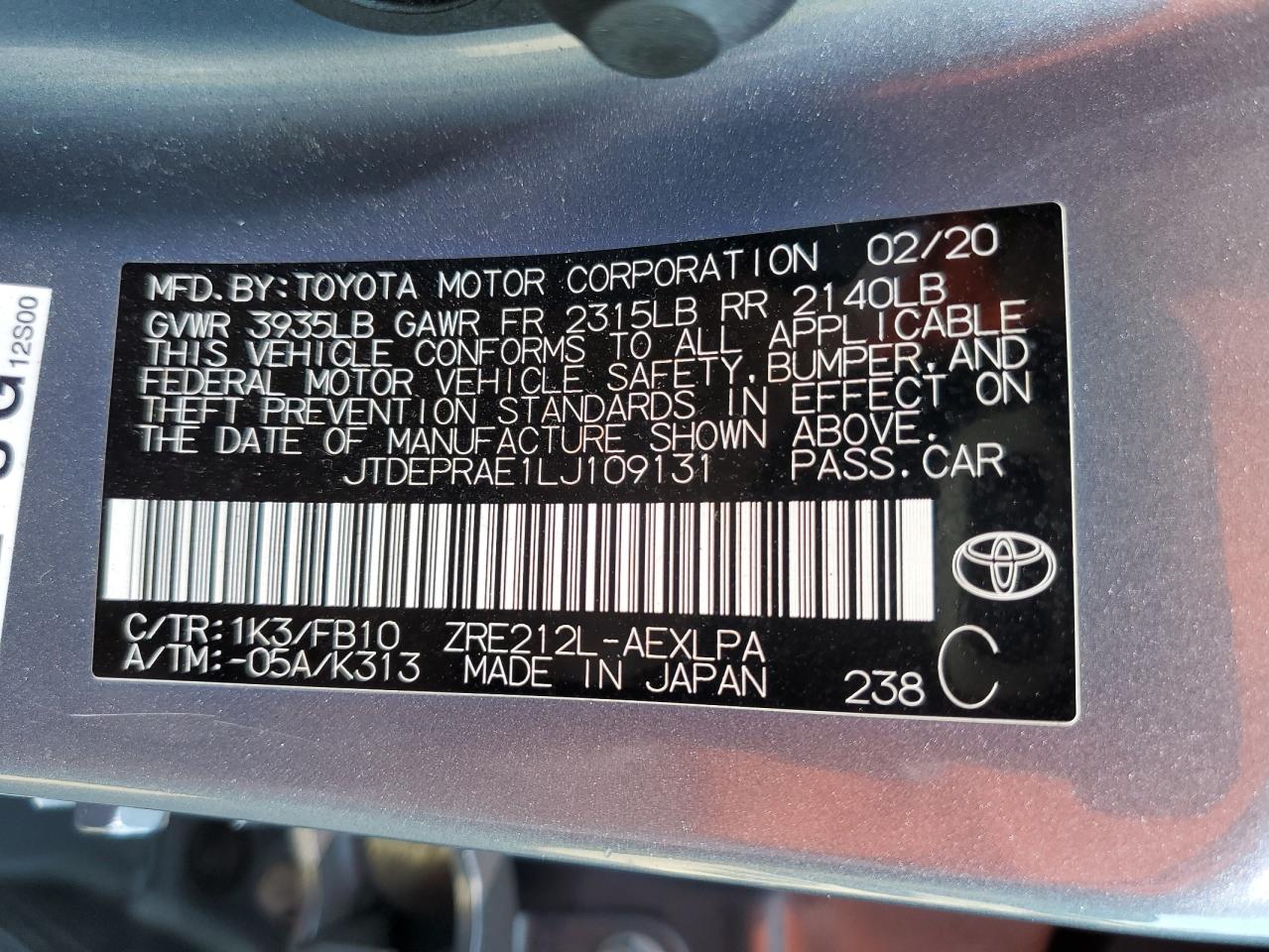 JTDEPRAE1LJ109131 2020 Toyota Corolla Le