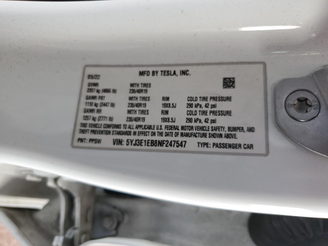 5YJ3E1EB8NF247547 2022 Tesla Model 3