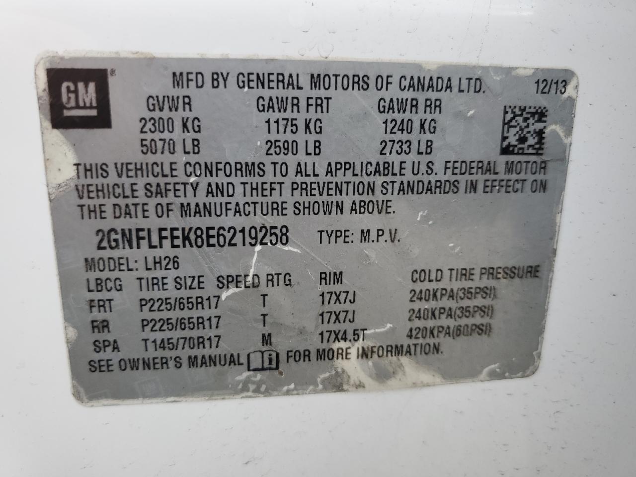 2GNFLFEK8E6219258 2014 Chevrolet Equinox Lt