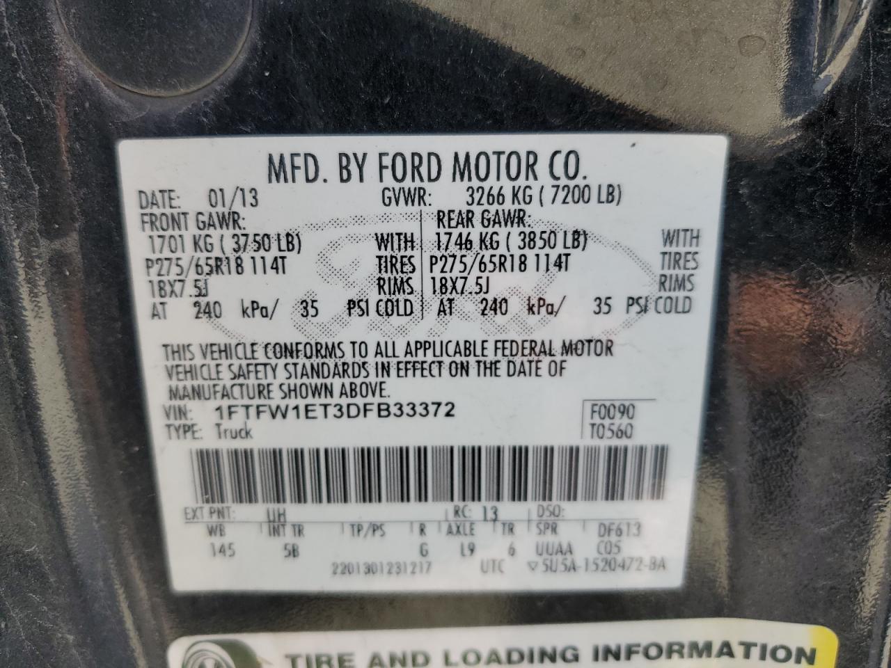 2013 Ford F150 Supercrew VIN: 1FTFW1ET3DFB33372 Lot: 75161694