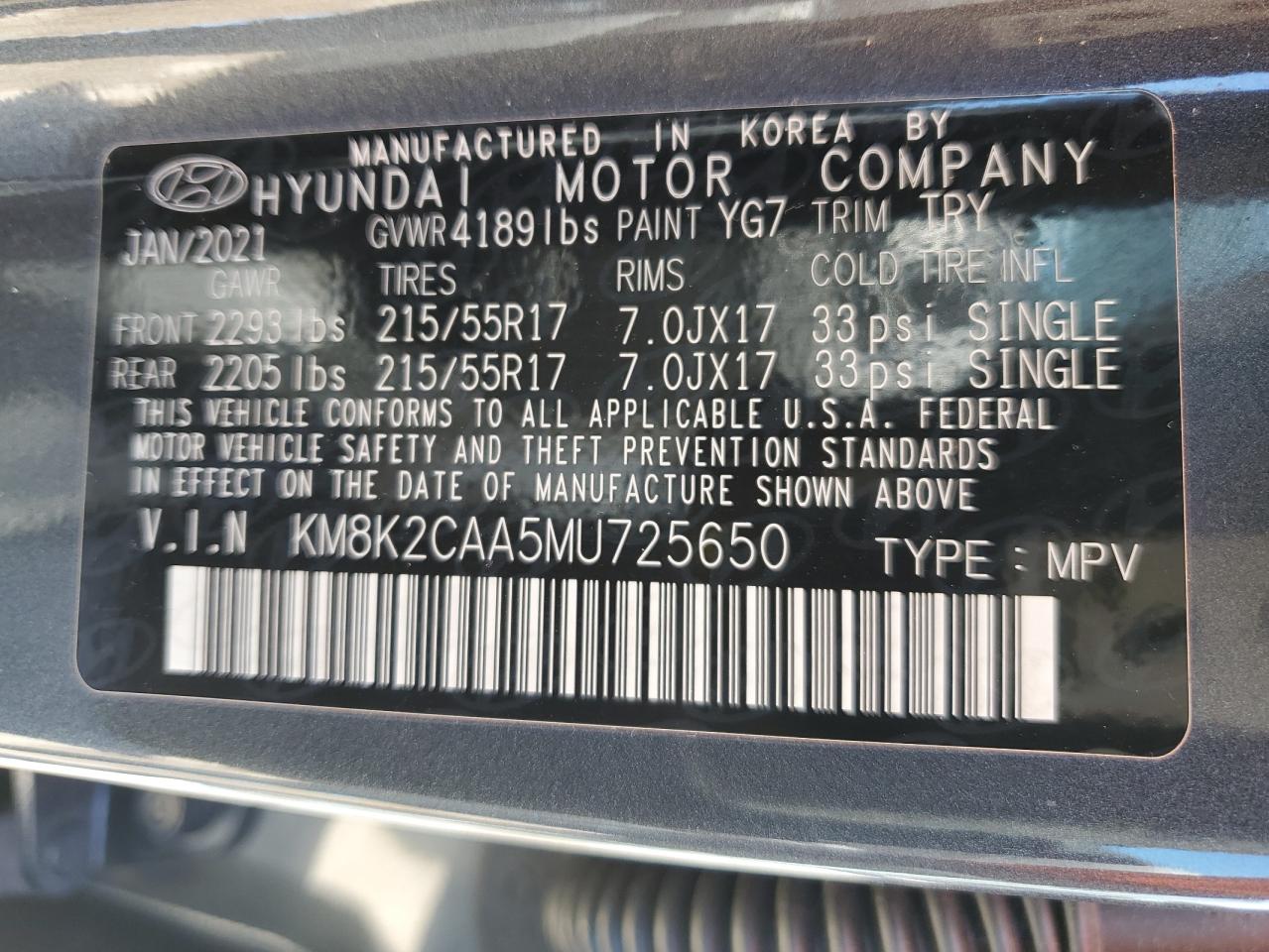 2021 Hyundai Kona Sel VIN: KM8K2CAA5MU725650 Lot: 74241074