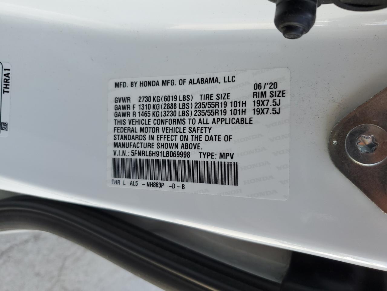 5FNRL6H91LB069998 2020 Honda Odyssey Elite