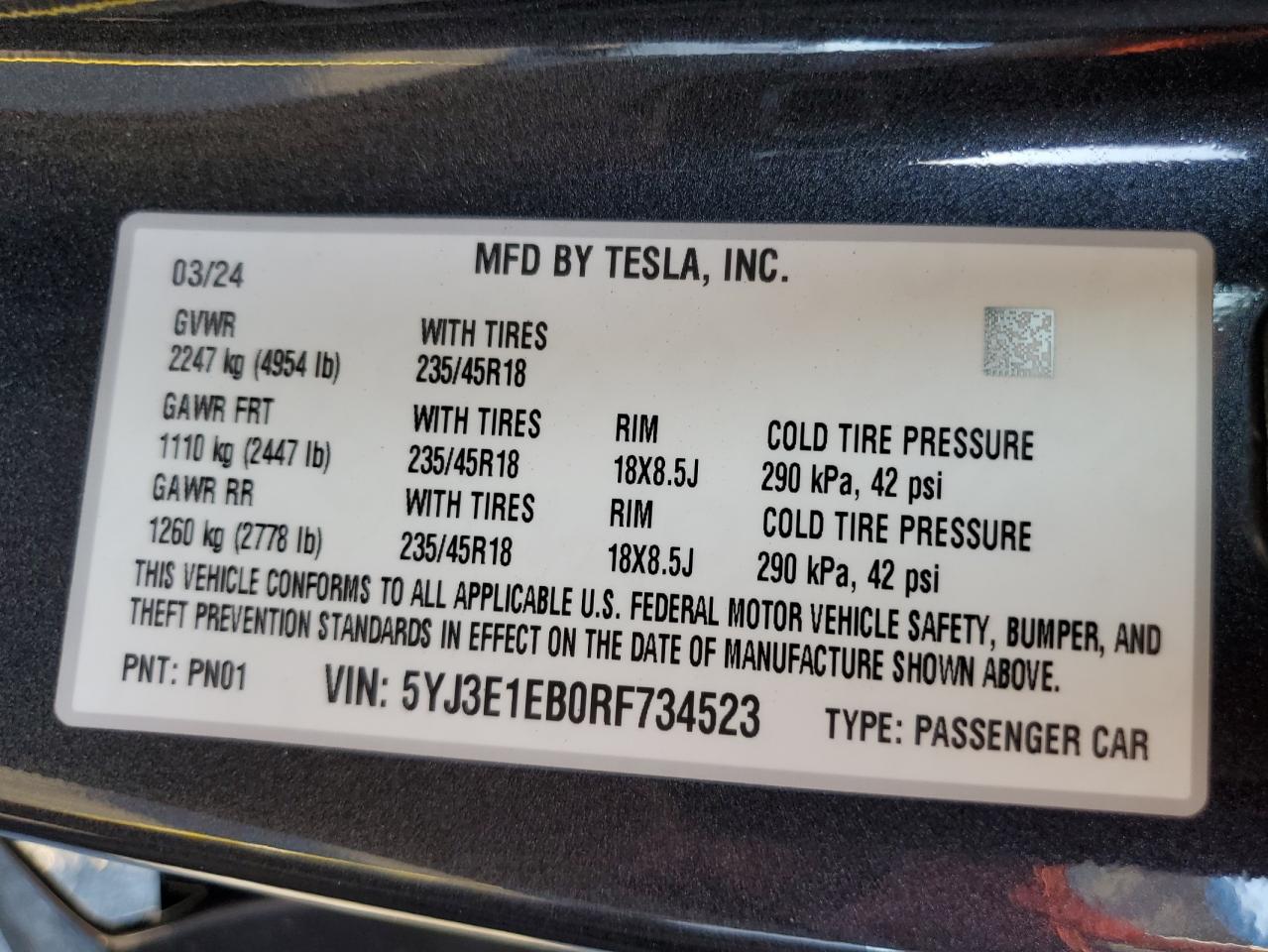 2024 Tesla Model 3 VIN: 5YJ3E1EB0RF734523 Lot: 75280794