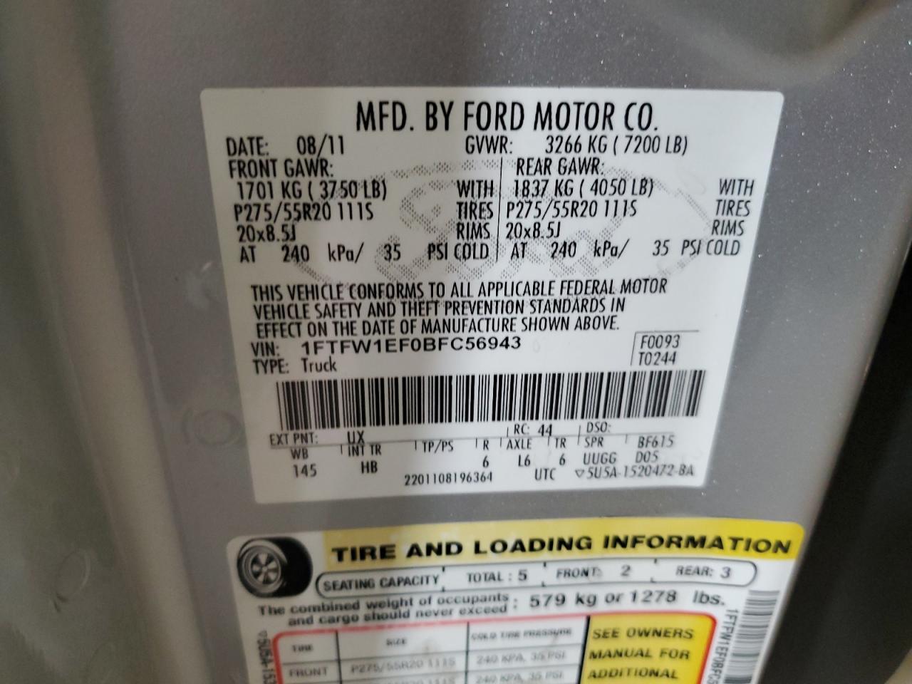 2011 Ford F150 Supercrew VIN: 1FTFW1EF0BFC56943 Lot: 75631074