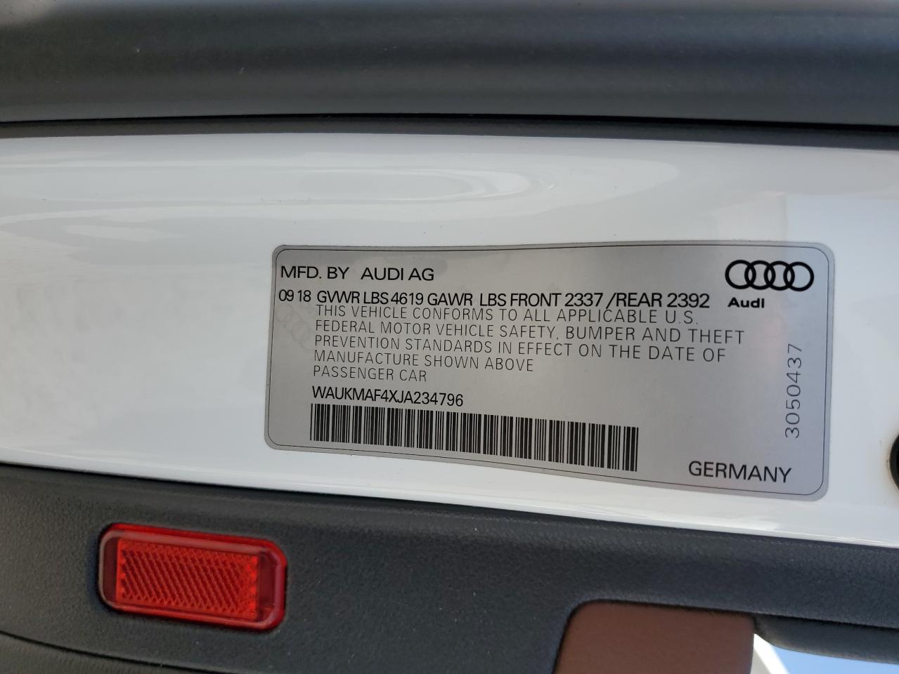 2018 Audi A4 Premium VIN: WAUKMAF4XJA234796 Lot: 75512474